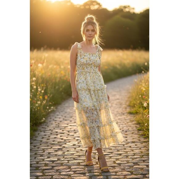 Socialite Dresses & Skirts - SOCIALITE abstract floral tiered maxi dress NWT Yellow Sz L MSRP $148
